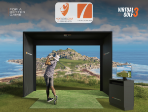 Head image for blog post – Explained- Trackman Virtual Golf 3 at Next Level Golf Image shows golfer playing Trackman virtual golf in studio setting against backdrop of the actual view on the real golf course. Text top-left says "For a better game". Centre logos are Next Level Golf and Trackman. Logo top-right is Virtual Golf 3.