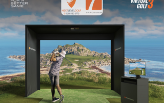 Image shows golfer playing Trackman virtual golf in studio setting against backdrop of the actual view on the real golf course. Text top-left says "For a better game". Centre logos are Next Level Golf and Trackman. Logo top-right is Virtual Golf 3.